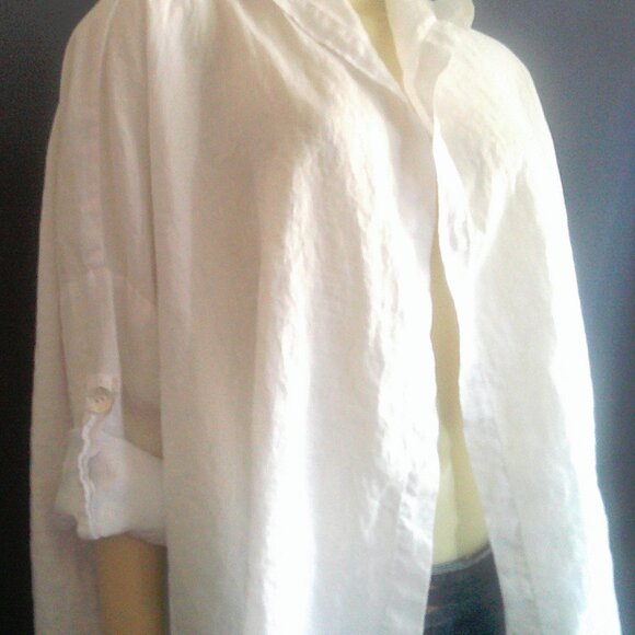 La. Fixsun White 100% linen Open Hoodie Oversized Jacket M - Picture 6 of 8